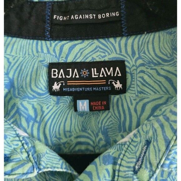 Baja Llama Shirt Men's Size M To Many Lines Turquoise Zebra 7-Seas Button Up - Picture 2 of 9